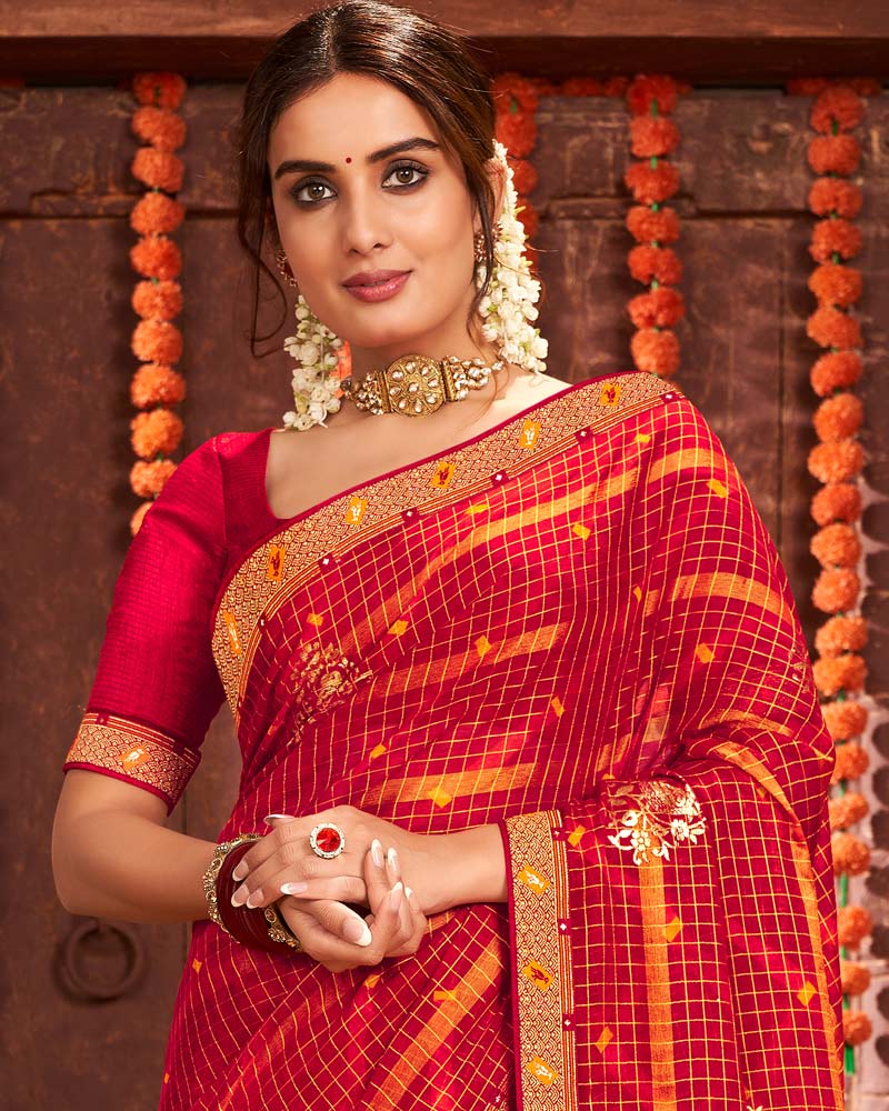 Vishal Prints Dark Red Patterned Chiffon Bandhani Print Saree With Fancy Border
