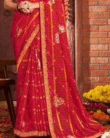 Vishal Prints Dark Red Patterned Chiffon Bandhani Print Saree With Fancy Border