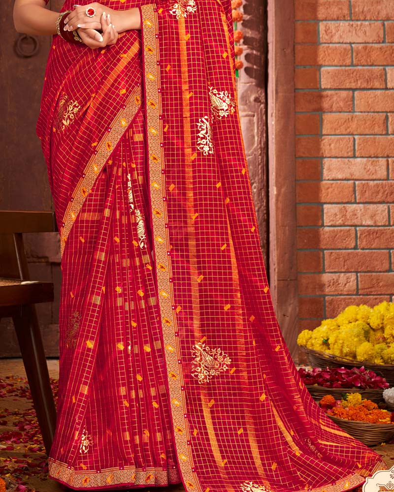 Vishal Prints Dark Red Patterned Chiffon Bandhani Print Saree With Fancy Border