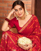 Vishal Prints Dark Red Patterned Chiffon Bandhani Print Saree With Fancy Border