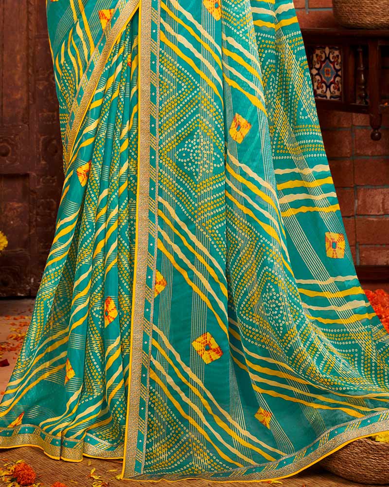 Vishal Prints Teal Green Patterned Chiffon Bandhani Print Saree With Fancy Border