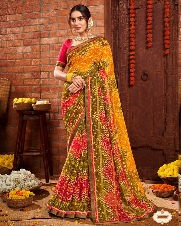 Vishal Prints Dark Yellow Patterned Chiffon Bandhani Print Saree With Fancy Border