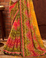 Vishal Prints Dark Yellow Patterned Chiffon Bandhani Print Saree With Fancy Border