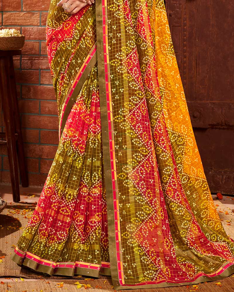 Vishal Prints Dark Yellow Patterned Chiffon Bandhani Print Saree With Fancy Border