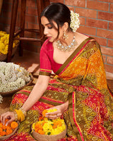 Vishal Prints Dark Yellow Patterned Chiffon Bandhani Print Saree With Fancy Border