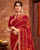 Vishal Prints Dark Red Patterned Chiffon Bandhani Print Saree With Fancy Border