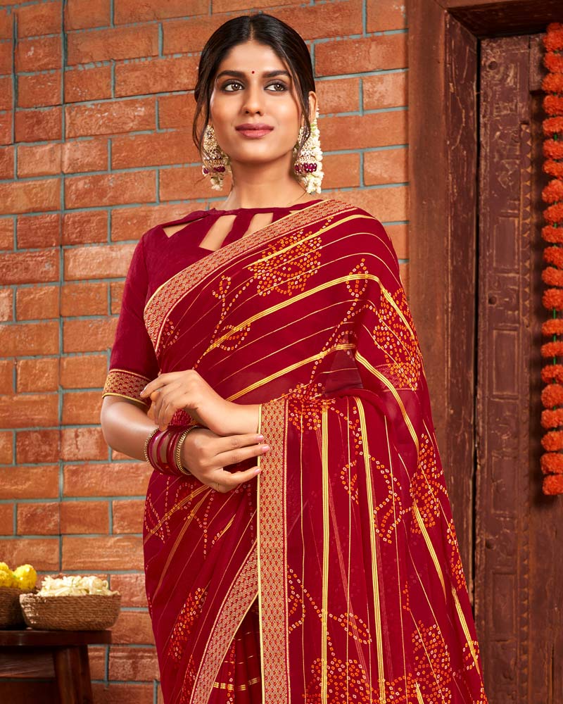 Vishal Prints Dark Red Patterned Chiffon Bandhani Print Saree With Fancy Border