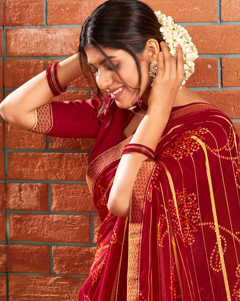Vishal Prints Dark Red Patterned Chiffon Bandhani Print Saree With Fancy Border