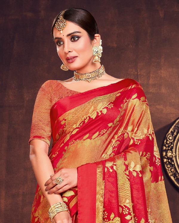 Vishal Prints Dark Red Silk Brasso Saree With Foil Print And Tassel