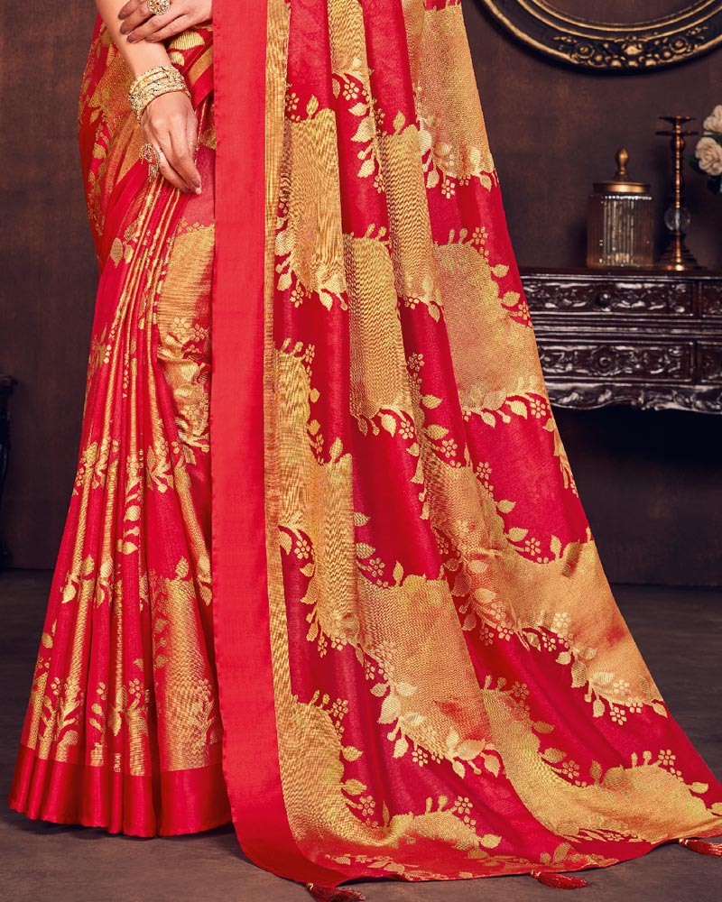 Vishal Prints Dark Red Silk Brasso Saree With Foil Print And Tassel