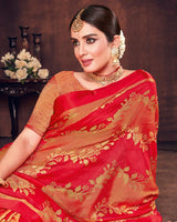 Vishal Prints Dark Red Silk Brasso Saree With Foil Print And Tassel