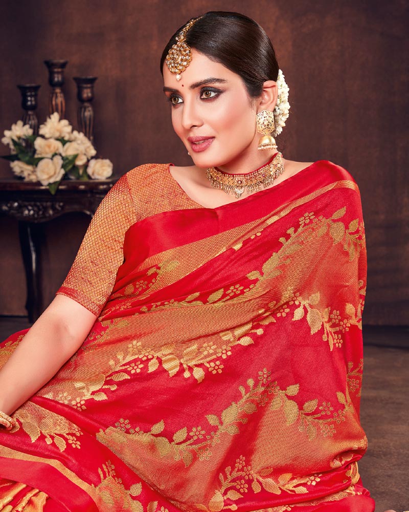 Vishal Prints Dark Red Silk Brasso Saree With Foil Print And Tassel