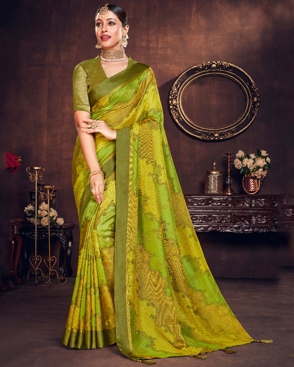 Vishal Prints Mehandi Green Silk Brasso Saree With Foil Print And Tassel