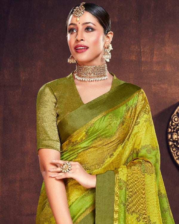 Vishal Prints Mehandi Green Silk Brasso Saree With Foil Print And Tassel
