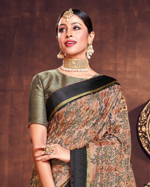 Vishal Prints Light Brown Silk Brasso Saree With Foil Print And Tassel