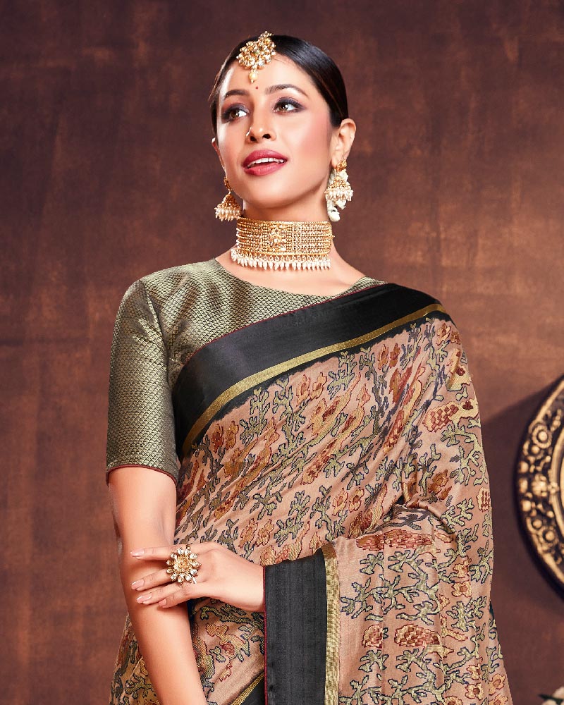 Vishal Prints Light Brown Silk Brasso Saree With Foil Print And Tassel