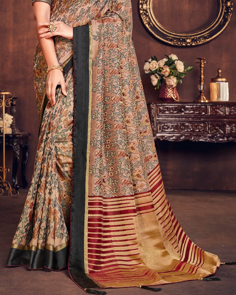 Vishal Prints Light Brown Silk Brasso Saree With Foil Print And Tassel