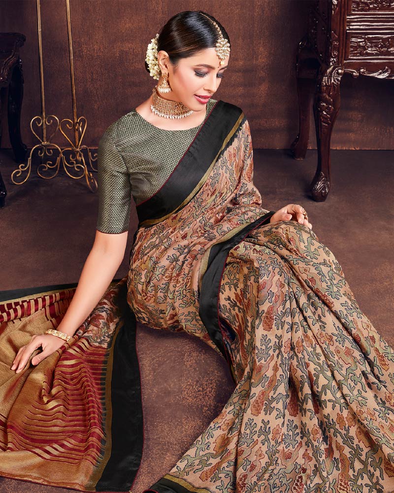 Vishal Prints Light Brown Silk Brasso Saree With Foil Print And Tassel