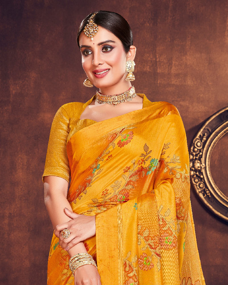 Vishal Prints Dark Orange Silk Brasso Saree With Foil Print And Tassel