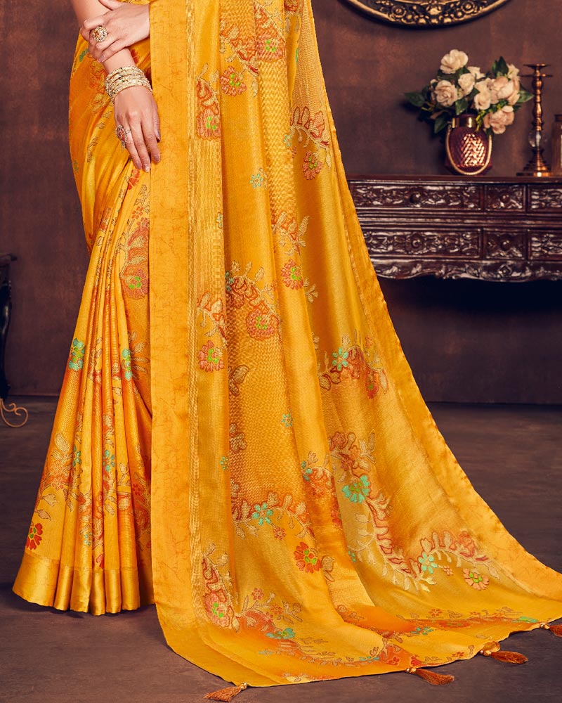 Vishal Prints Dark Orange Silk Brasso Saree With Foil Print And Tassel
