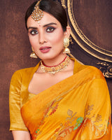 Vishal Prints Dark Orange Silk Brasso Saree With Foil Print And Tassel
