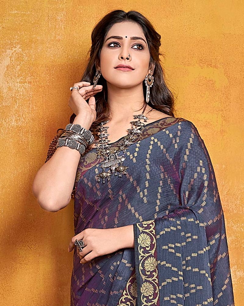 Vishal Prints Scarpa Flow Grey Brasso Saree With Zari Border