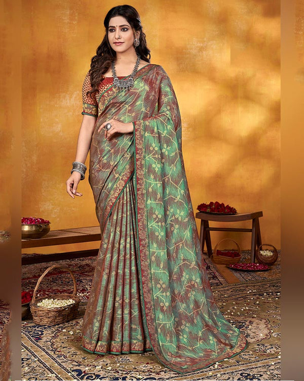 Vishal Prints Turquoise Green Brasso Saree With Zari Border