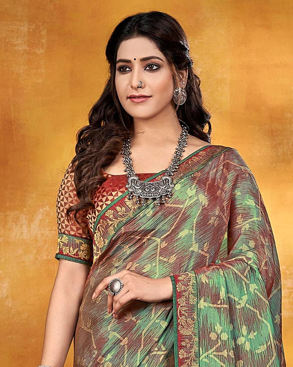 Vishal Prints Turquoise Green Brasso Saree With Zari Border