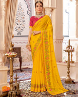 Vishal Prints Dark Yellow Designer Patterned Chiffon Saree With Embroidery-Diamond Work And Border
