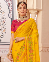 Vishal Prints Dark Yellow Designer Patterned Chiffon Saree With Embroidery-Diamond Work And Border