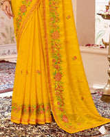 Vishal Prints Dark Yellow Designer Patterned Chiffon Saree With Embroidery-Diamond Work And Border