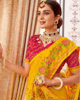 Vishal Prints Dark Yellow Designer Patterned Chiffon Saree With Embroidery-Diamond Work And Border