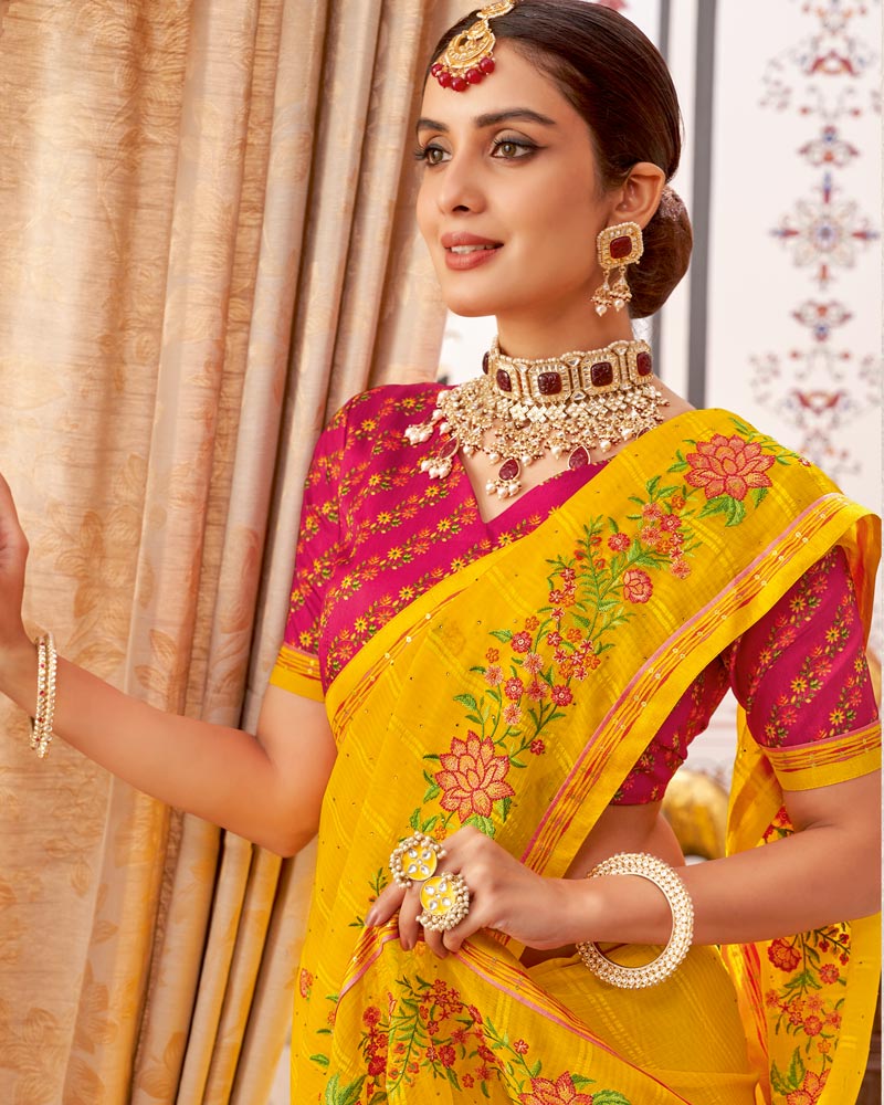 Vishal Prints Dark Yellow Designer Patterned Chiffon Saree With Embroidery-Diamond Work And Border