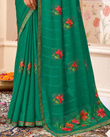 Vishal Prints Dark Sea Green Designer Patterned Chiffon Saree With Embroidery-Diamond Work And Border