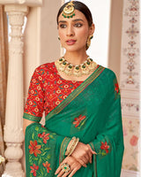 Vishal Prints Dark Sea Green Designer Patterned Chiffon Saree With Embroidery-Diamond Work And Border