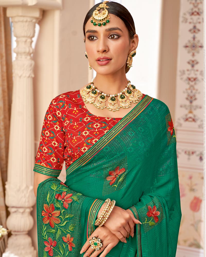 Vishal Prints Dark Sea Green Designer Patterned Chiffon Saree With Embroidery-Diamond Work And Border
