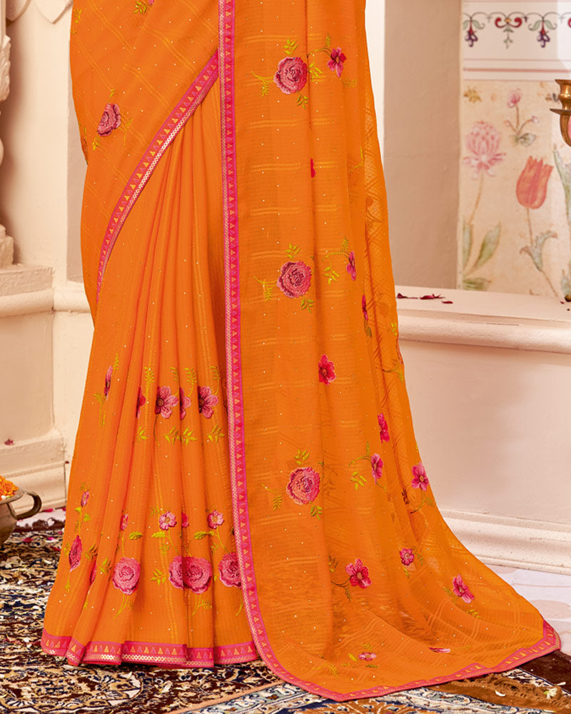 Vishal Prints Orange Designer Patterned Chiffon Saree With Embroidery-Diamond Work And Border