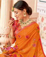 Vishal Prints Orange Designer Patterned Chiffon Saree With Embroidery-Diamond Work And Border