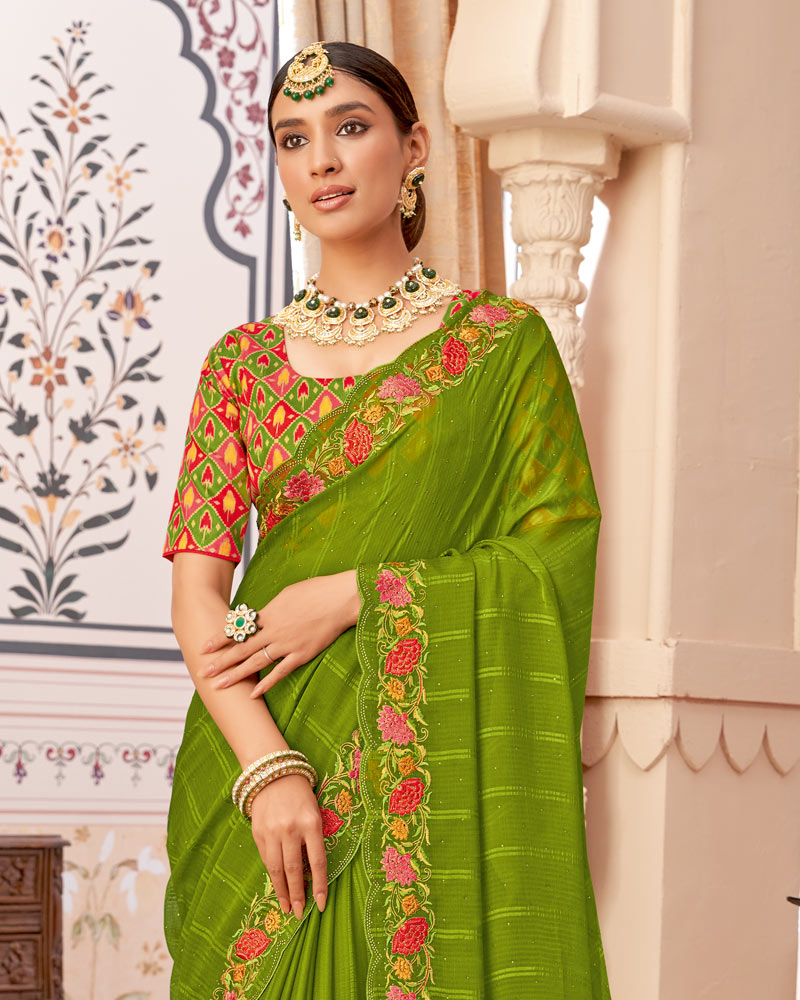Vishal Prints Mehandi Green Designer Patterned Chiffon Saree With Embroidery-Diamond Work And Cut Work Border