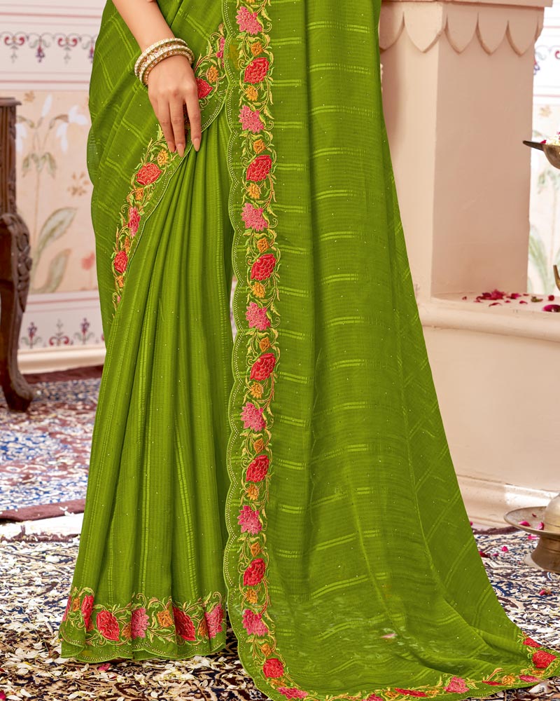 Vishal Prints Mehandi Green Designer Patterned Chiffon Saree With Embroidery-Diamond Work And Cut Work Border