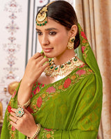 Vishal Prints Mehandi Green Designer Patterned Chiffon Saree With Embroidery-Diamond Work And Cut Work Border