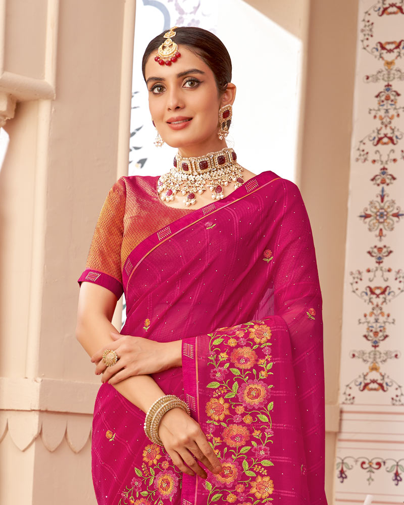 Vishal Prints Maroon Flush Designer Patterned Chiffon Saree With Embroidery-Diamond Work And Border