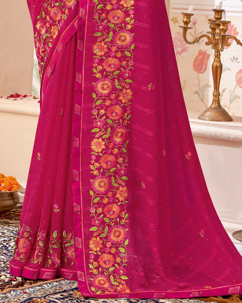 Vishal Prints Maroon Flush Designer Patterned Chiffon Saree With Embroidery-Diamond Work And Border