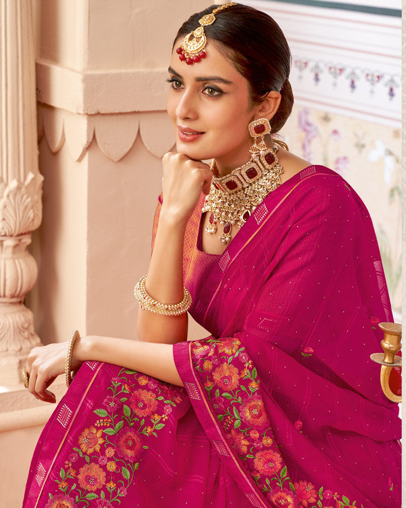 Vishal Prints Maroon Flush Designer Patterned Chiffon Saree With Embroidery-Diamond Work And Border