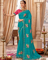 Vishal Prints Teal Blue Designer Patterned Chiffon Saree With Embroidery-Diamond Work And Border