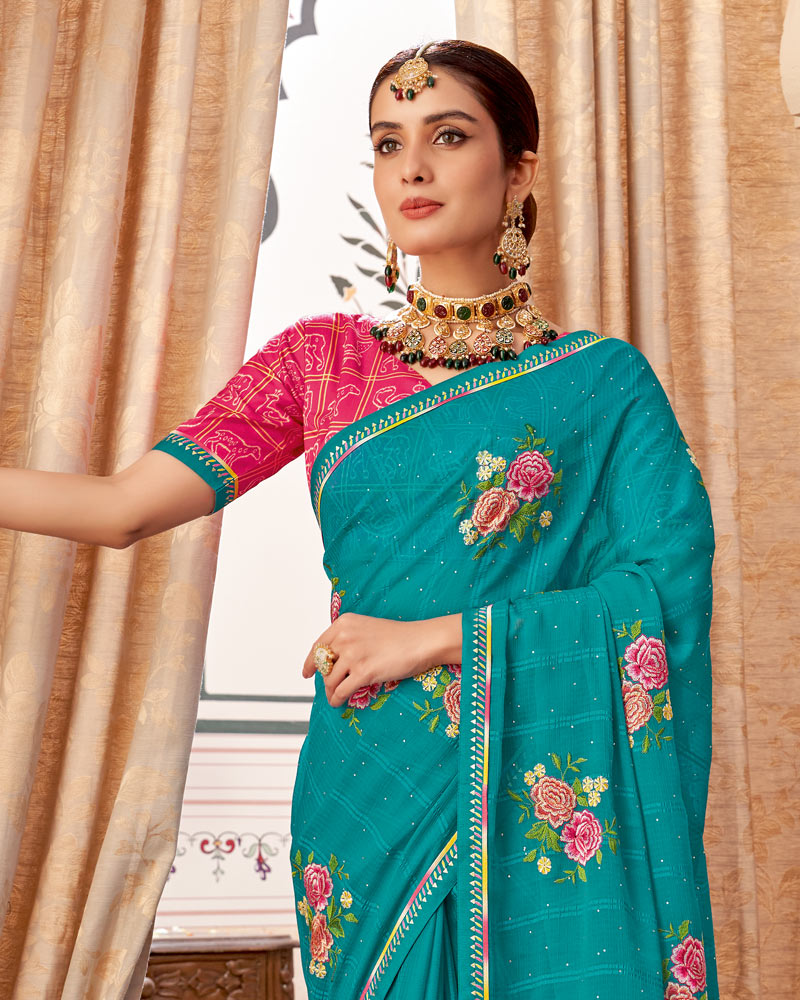 Vishal Prints Teal Blue Designer Patterned Chiffon Saree With Embroidery-Diamond Work And Border