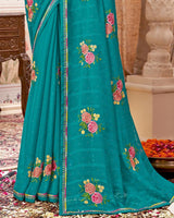 Vishal Prints Teal Blue Designer Patterned Chiffon Saree With Embroidery-Diamond Work And Border
