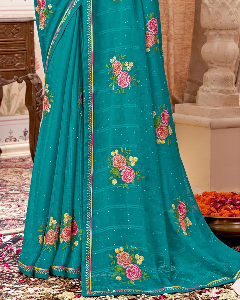 Vishal Prints Teal Blue Designer Patterned Chiffon Saree With Embroidery-Diamond Work And Border