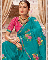 Vishal Prints Teal Blue Designer Patterned Chiffon Saree With Embroidery-Diamond Work And Border