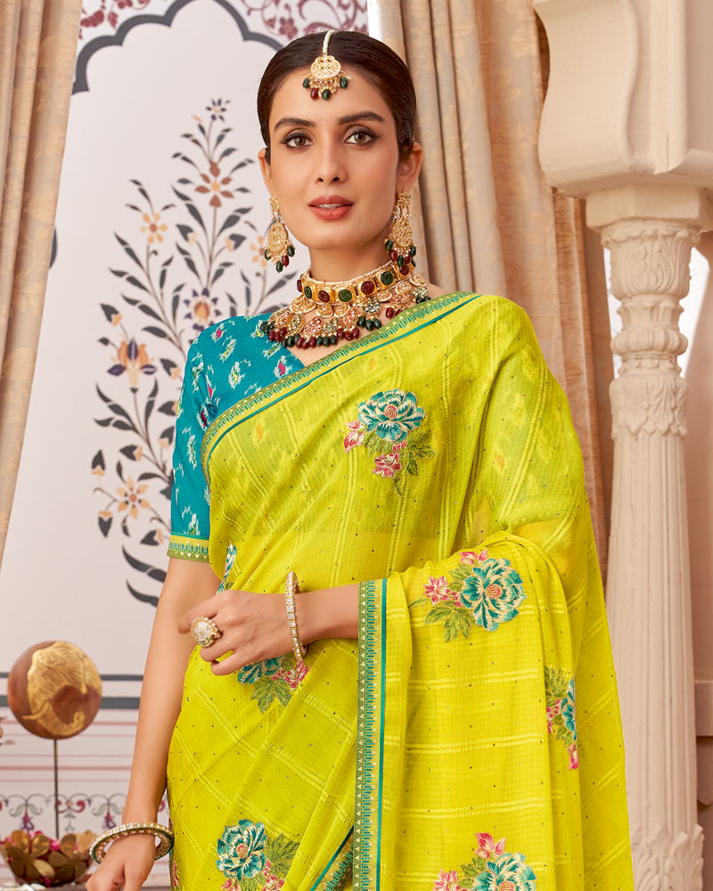 Vishal Prints Lime Yellow Designer Patterned Chiffon Saree With Embroidery-Diamond Work And Border